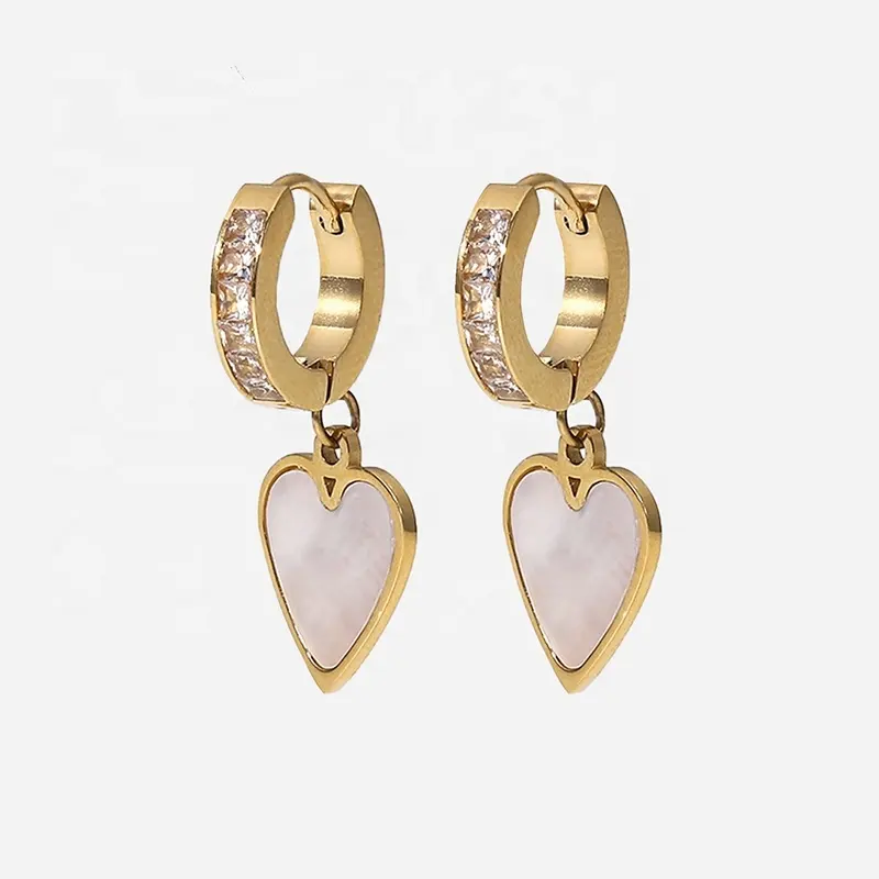 Neue Mode 14 Karat Gold Damen Zirkonia Inlay Ohrringe Herzform natürliche weiße Muschel baumeln Ohrringe Schmuck