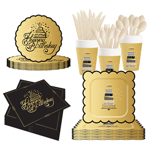 DAMAI Nuevo Diseño Dorado y Negro, Juego de Vajilla Desechable para Fiesta de Cumpleaños, Platos, Servilletas y Vasos de Papel, para 8 Personas - Product Image 2