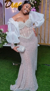 Perlas africanas sirena vestidos de <span class=keywords><strong>novia</strong></span> para <span class=keywords><strong>novia</strong></span> fuera del hombro manga larga lentejuelas rebordear jardín segundos vestidos de recepción de boda - Product Image 3