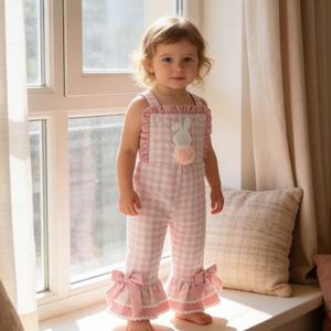 Conjunto de Bebé Niña Personalizado de Poliéster con Apliques de Conejito a Cuadros y Tirantes con Volantes, Marca Privada OEM ODM, <span class=keywords><strong>Mono</strong></span> para Bebé Niña - Product Image 1