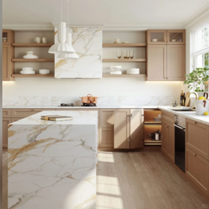 Meuble de cuisine moderne et chaleureux en chêne clair massif avec panneaux plats, quincaillerie en laiton et double îlot - Product Image 3