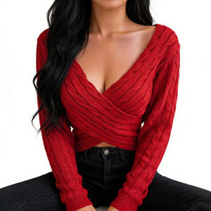 Nouveau <span class=keywords><strong>Pull</strong></span> Tricoté Femme 2026 Col V Croisé <span class=keywords><strong>Sexy</strong></span> Manches Longues Couleur Unie Décontracté Automne Printemps - Product Image 3