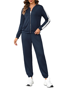Ensemble de jogging décontracté pour femme, bleu marine, avec fermeture éclair intégrale, manches longues, couleur unie, poches latérales et détails rayés blancs - Product Image 1