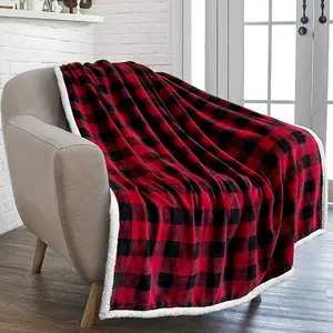 Hot Sale Classic Style Red And Black Checked Printed Design Double Woven Lamb Wool Throw Blanket