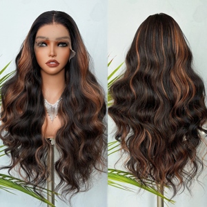 Perruque élégante en fibre synthétique mélangée à dentelle transparente, ondulée, avec mèches ombrées en <span class=keywords><strong>cuivre</strong></span>, 13*6, ombrée 1B/30, noir brun - Product Image 2