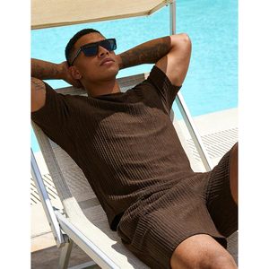 FOXA Conjunto de camiseta y pantalones cortos de punto para hombre, cuello redondo, manga corta, transpirable, informal, de verano, conjunto de 2 piezas - Product Image 3