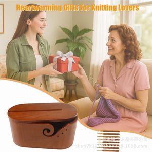 <b>Vintage</b>-colored hand-knitted yarn storage bowl, wooden knitted yarn ball storage <b>box</b> with lid, oval yarn bowl - Product Image 3
