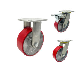 Rodízios Giratórios de Ferro Pesado com Rolamento Duplo de 6 Polegadas, Núcleo de Ferro, PU Vermelho, com Freio Total e Revestimento Zincado - Product Image 2