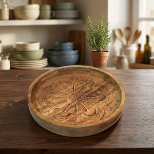 Handmade Round Wooden Tray With Floral Carving Rustic Decorative Serving Dish Single-Piece Package - Product Image 2