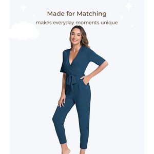Combinaison décontractée pour femme en viscose de bambou à manches courtes, taille haute, avec ceinture et poches, idéale pour le quotidien - Vente en gros - Product Image 3