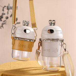 Copo de Água de Vidro Reutilizável e Ecológico Estilo Coelho Fofo com Canudo, Caneca de Café, Garrafa de Água para Meninas com Canudo - Product Image 1