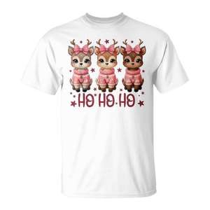 Camiseta Rosa Femenina con Diseño Navideño Coqueto de Reno 'Ho Ho Ho' para Promociones Exclusivas - Product Image 1