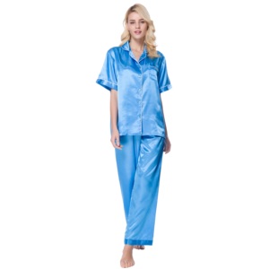 Set di pigiama in raso moderno con Logo personalizzato da donna solido 2 pezzi vita quotidiana termica per la primavera estiva semplice abbigliamento da salotto lucido - Product Image 3