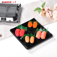 Sunzza SuShi Box Boîte d'emballage de fruits à emporter de qualité alimentaire PET 4 compartiments Plateau intérieur noir avec couvercle transparent séparé