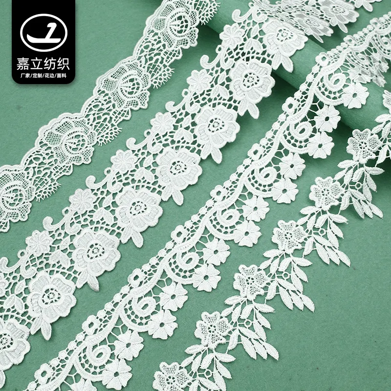 Apparel accessories supplies shiny white polyester embroidered flower lace trim for decorative bride wedding dresses