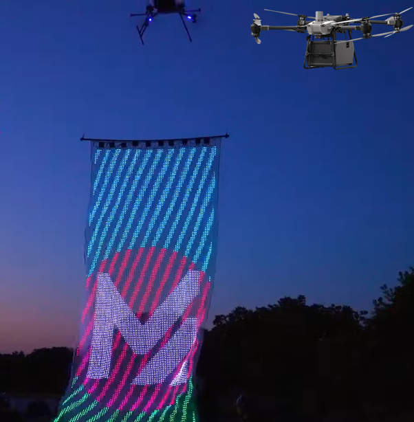 P15/P20/P25 Gigantic LED Flying Digital Poster Sky Textile Screen+Drone IP65 Outdoor Advertising Full Color Flag Display OEM