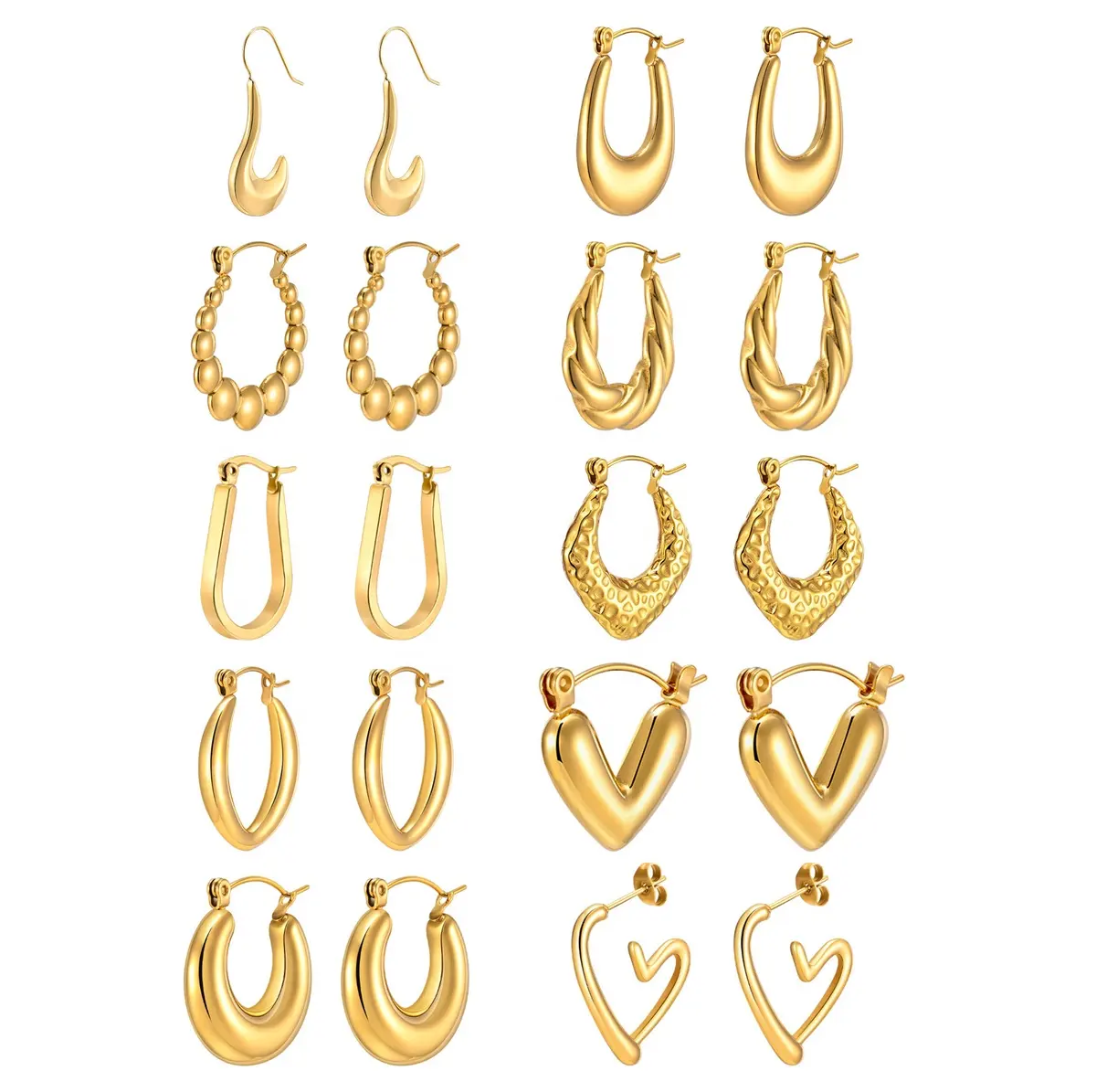 Vente en gros de boucles d'oreilles pour femmes en acier inoxydable plaqué or Boucles d'oreilles de luxe en forme de U en forme de cœur géométrique plat