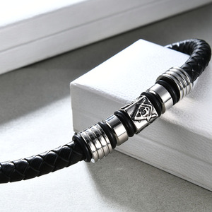 Bracelet en acier inoxydable pour homme, 9 mm, cuir noir, logo franc-maçon, fermeture magnétique, bijoux cadeau - Product Image 3