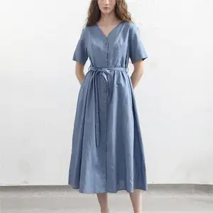 OEM haute qualité été printemps lâche solide bleu décontracté col en V à manches courtes bouton midi avant dames coton lin ceinture robe