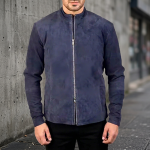 Veste en daim bleu marine pour homme, veste décontractée de qualité supérieure, fermeture éclair, col montant, vêtement d'extérieur tendance - Product Image 3