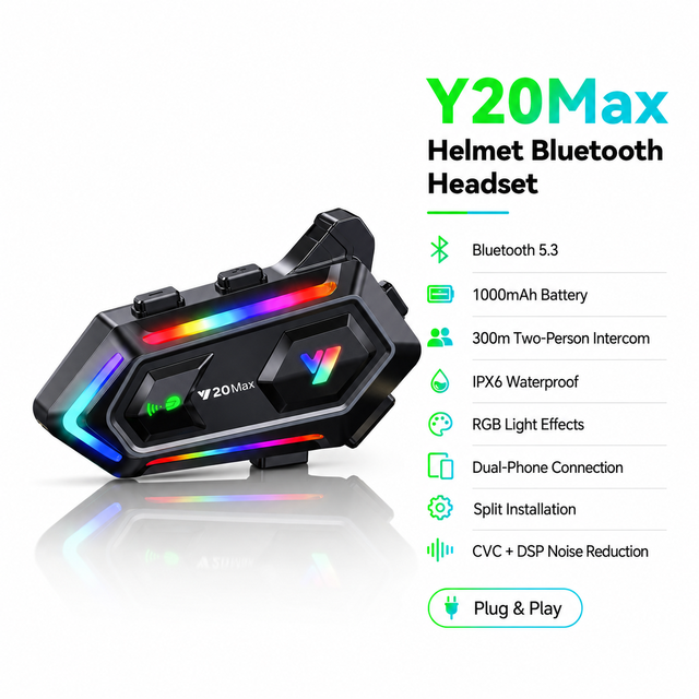 Y20Max Motorcycle 5.3 Helmet Headset 2-Rider Intercom 300M IPX6 Waterproof, RGB Lights, CVC Noise Reduction 25H Talk