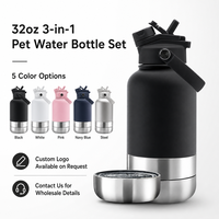 Bouteille d'eau pour animaux de compagnie en acier inoxydable massif de 32 oz, isolée, anti-fuite, durable, avec bols amovibles pour chiens, 3-en-1, portable pour les voyages