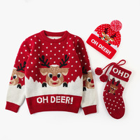 Pull de Noël mignon pour enfants, unisexe, personnalisable, en acrylique tricoté, coupe ample, motif élan, ensemble familial de vêtements de Noël en tricot, trois pièces