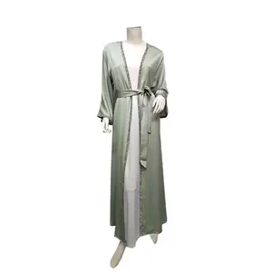 Designs Eid Dubai Islamic Elegant Modest Abaya 2024 Women Muslim Dress Inner Slip Dress Abaya Set Diamond Satin Silk Open Abaya
