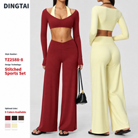 Ensemble haut court à manches longues et pantalon large à double couche pour femme, effet ventre plat, rehaussement des fesses, évacuation de l'humidité, vêtements de sport