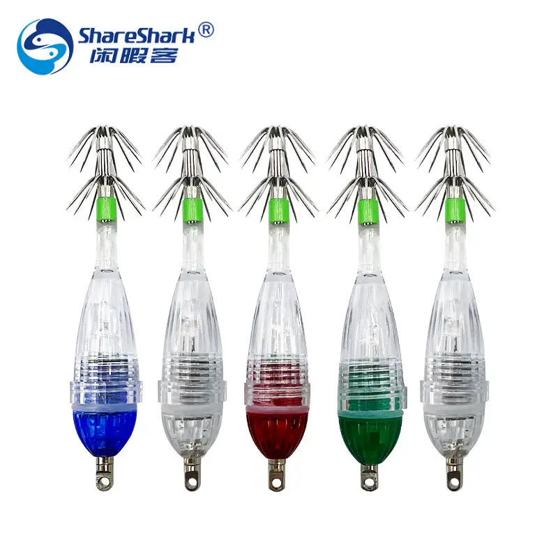 Shareshark iscas de pesca, lula para pesca, anzóis leves, multicores, luz noturna, piscando, para pesca, com gancho