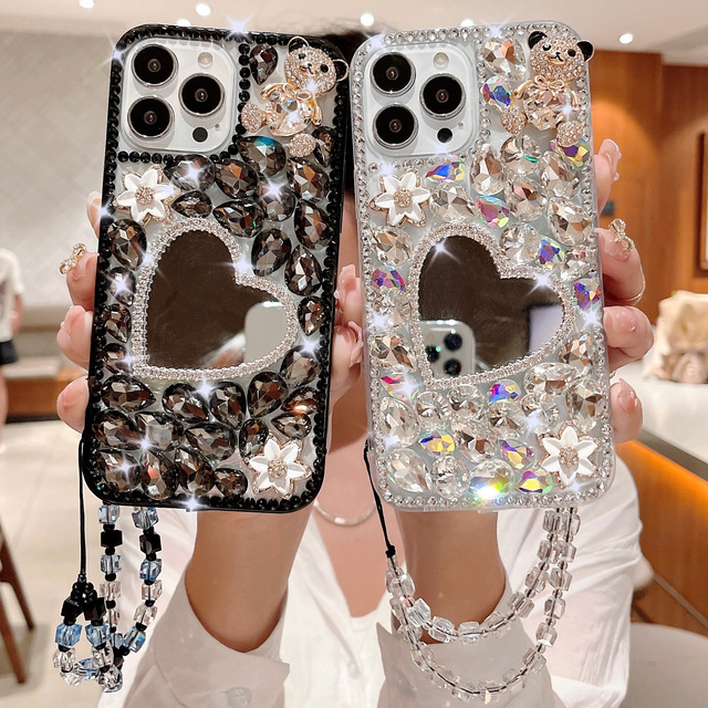 Glitter Bling Shiny Fashion Luxury Bear Heart Mirror Diamond Phone Cover case for iphone 17 air Pro Max 16 15 14 13 12 Plus