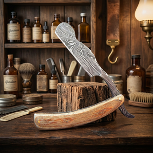 ASAP Professional <b>Straight</b> Blade Damascus Stainless Steel Wet Shaving <b>Razor</b> for Men with Foldable Wood Handle - Product Image 1