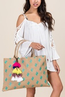 Sac d'été en lin imperméable avec pompon pour femme, sacoche de plage, de Shopping à bandoulière, en JUTE, fourre-tout avec pompon