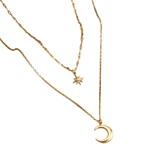 Collana in Acciaio Inossidabile Placcato Oro 18k PVD con Pendente <span class=keywords><strong>Luna</strong></span> e Stella a Otto Punte, Design a Doppio Strato - Product Image 1