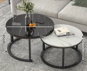 Mesa de café de mesa de café redonda contemporânea, painel de fibras de densidade, à prova de arranhões, durável, à prova d'água, metal dourado, duas peças, ferro minimalista