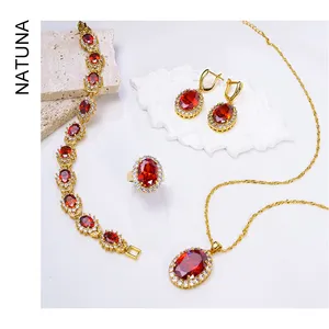 Natuna Factory Jewelry Ruby Necklace Gold Plated Brass Designer Bracelets Wedding Jewelry Set Brass Earrings
