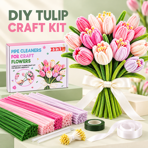 Kit de fleurs DIY Tulipe Rose – Bouquet de brins de chenille doux pour décorations printanières et fabrication de cadeaux - Product Image 1