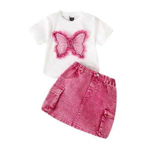 Nuovo Completo Casual per Bambine 2025: Top a Maniche Corte con Stampa Farfalla Bianca e <span class=keywords><strong>Shorts</strong></span> in Denim Sfumato - Product Image 5