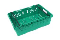Bac de stockage robuste en plastique recyclable et écologique pour supermarché, empilable et emboîtable, avec bras de levage et barre pivotante, personnalisable