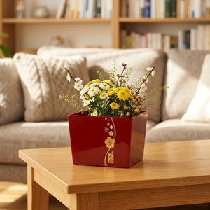 Maceta Cuadrada Ligera de Primera Calidad, Serie Japonesa, Diseño Minimalista, Plástico, 2 Colores, Rojo Dorado, para Escritorio, Mesa, Sala de Estar - Product Image 1