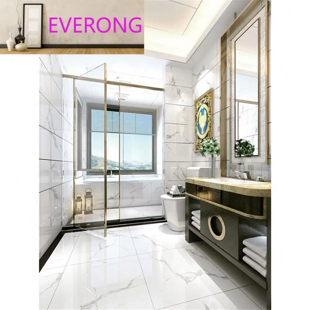 카라라 전신 욕실 유약 타일 벽 및 바닥 흰색 대리석 도자기 타일 600x600mm