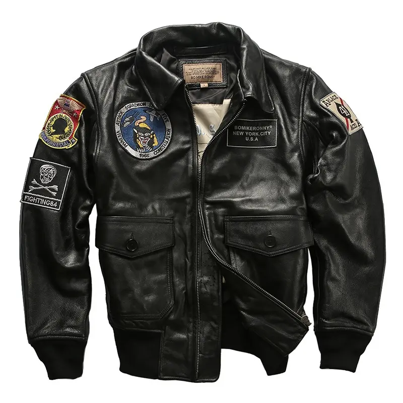 Customized black multi-standard pattern flight suit men's lapel American casual short leather cowhide jacket