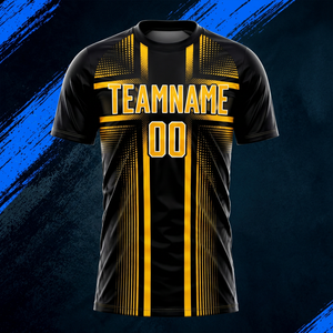 เสื้อเจอร์ซีย์ทีมชายแบบสั่งทำพิเศษ พิมพ์ลายด้านหน้า ผ้าโพลีเอสเตอร์ 100% สีดำและสีทองลายทาง ระบายอากาศได้ดี แขนเสื้อแบบแร็กแลน คอกลม - Product Image 1