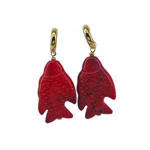 Fashion <b>Drop</b> <b>Earrings</b> <b>Red</b> Fish Shape PVD Gold Plated 316L Stainless Steel Sustainable Design - Product Image 1