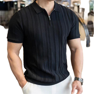 2025 estate nuova maglietta da uomo mezza Zip tinta unita Slim-Fit alla moda Versatile senza colletto in ferro a maniche corte in maglia - Product Image 1