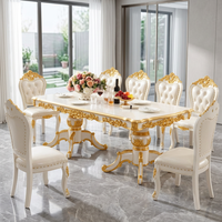 Ensemble de table et chaises de salle à manger en bois massif sculpté de style français antique, 8 places, finition blanc et or, meubles durables pour la maison