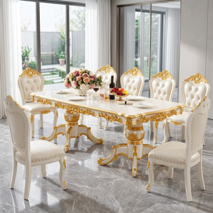 European Antique Carved Dining Table and Chair Set 6 Seater White Gold Finish <b>Marble</b> <b>Top</b> Wood Legs Stable Home Furniture - Product Image 3