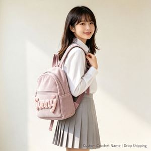 Sac à dos mini en velours côtelé pour femme, broderie, fermeture éclair, poche intérieure, personnalisable avec nom au crochet, petit format, vente en gros - Product Image 3