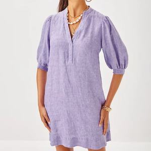 Vestido de Lino de Verano 2025 para Mujer, Color Sólido, Cuello en V, Estilo Holgado para Vacaciones - Product Image 1