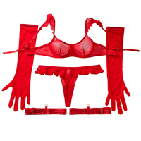 Set Lingerie Seksi Desain Ruffle Gaya Prancis Merah Tua, Rajutan Transparan, Pembentuk Tubuh, Termasuk Sarung Tangan dan Cincin Kaki